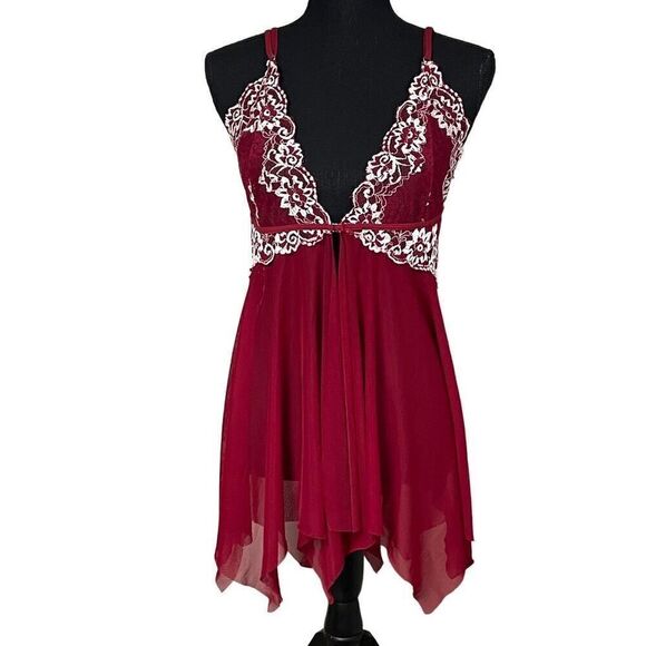 Avid Love Red Lace Trimmed Mesh Hanky Hem Babydoll - Picture 1 of 7